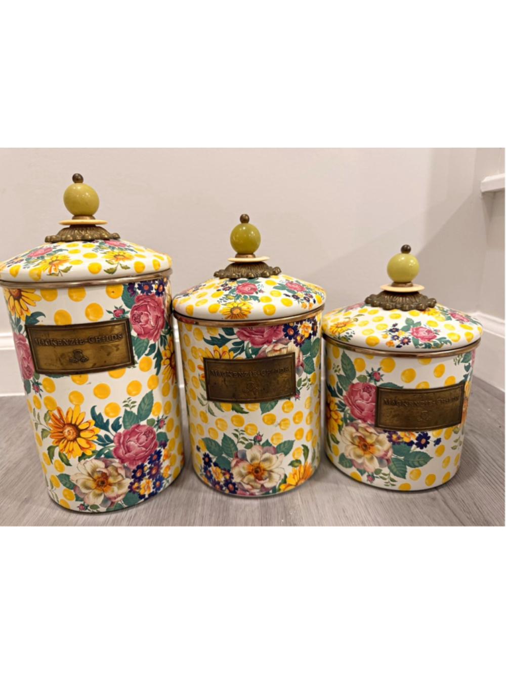 MacKenzie-Childs Buttercup 3 Canister Set Rare Floral Enamel Small Medium Large